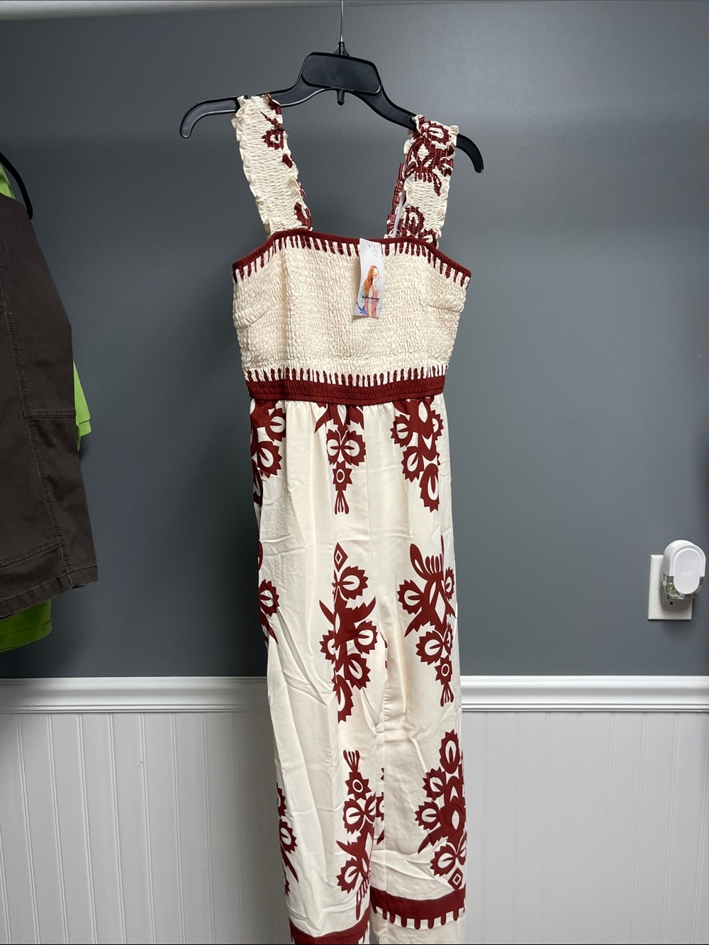 Cream & Burgundy Floral Maxi Jumpsuit with Smocked Bodice